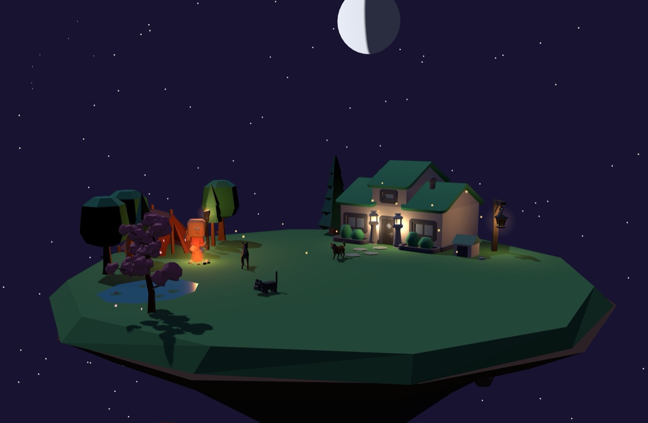 A low-poly island at night: a character roasting a marshmallow at a campfire beside a tent, a pink sakura, a lit house with lanterns, a dog and a cat, under a last-quarter moon.