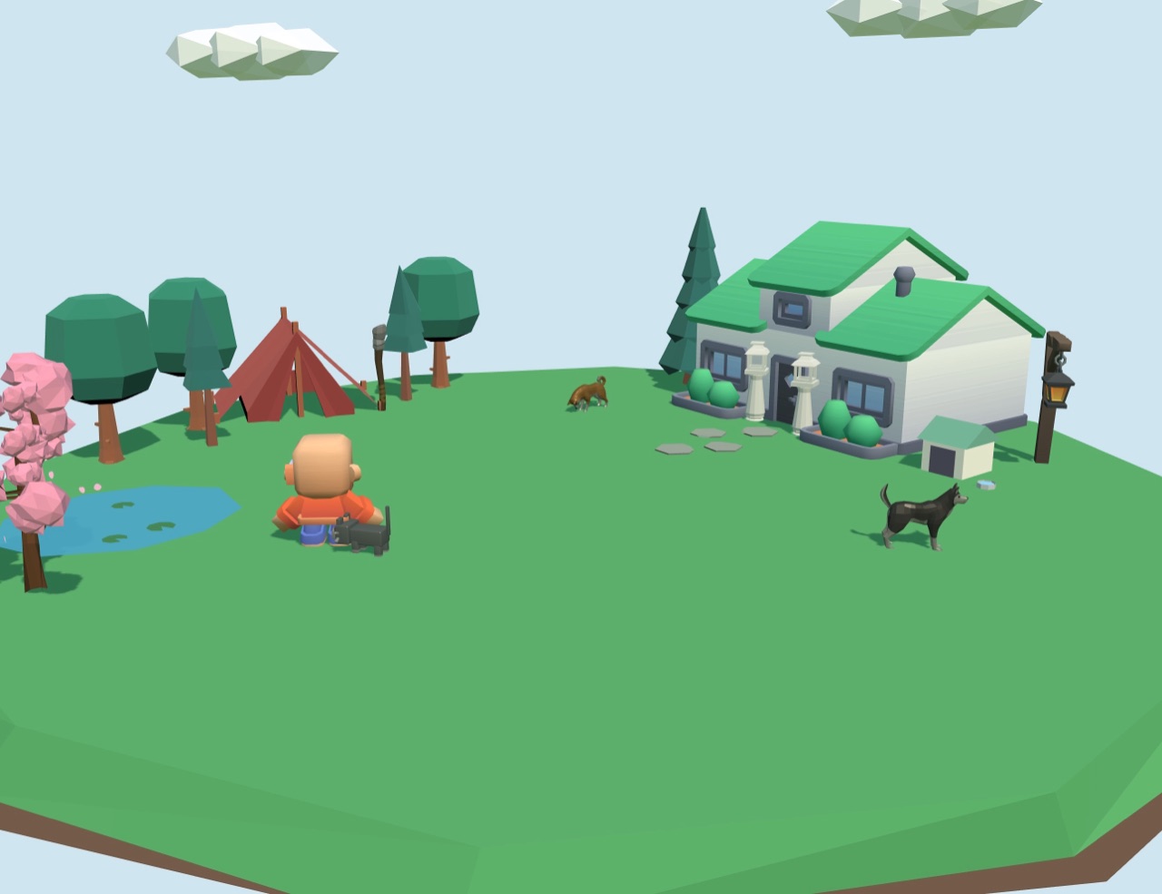 The island at midday: a character by the pond with a cat, a tent, trees, a sakura, a house with a dog house, clouds overhead.