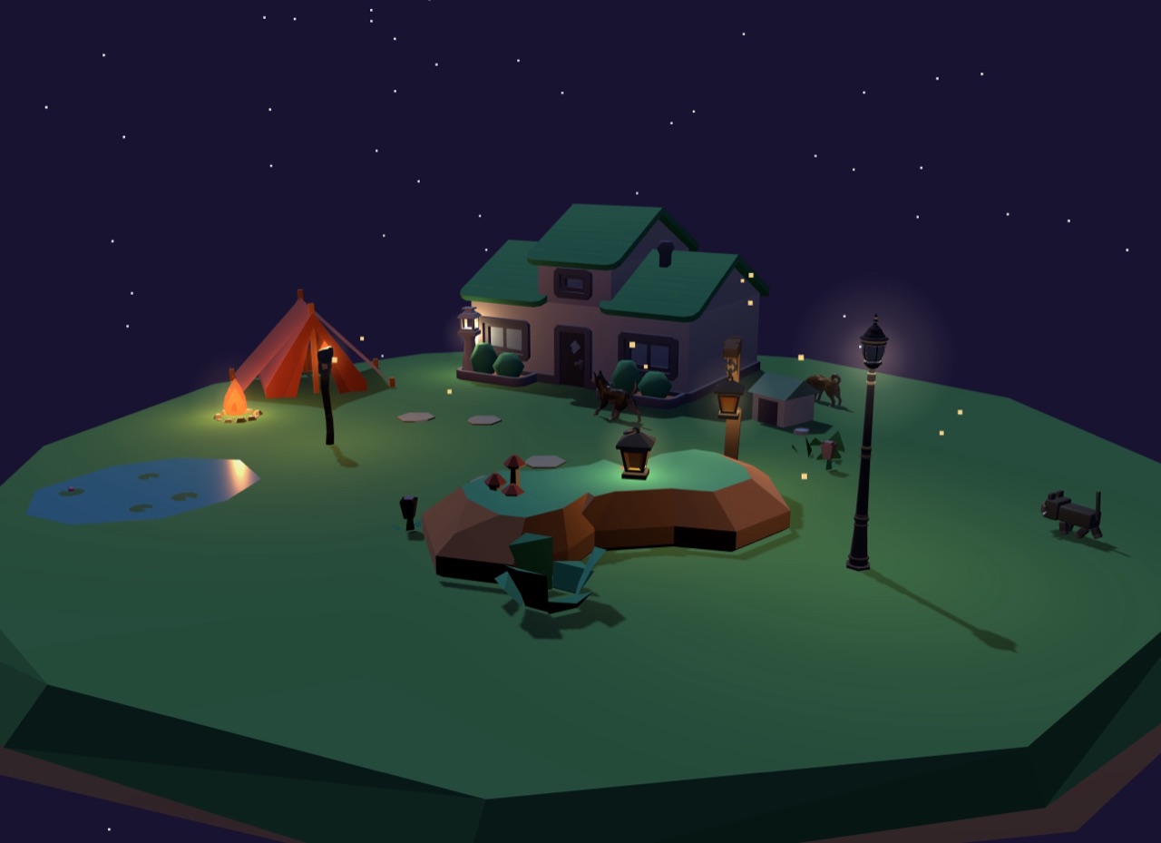 The island at night: a lamp post and lanterns pooling light on the grass, a lantern and mushrooms on a mossy boulder, a pond with lily pads, pets.